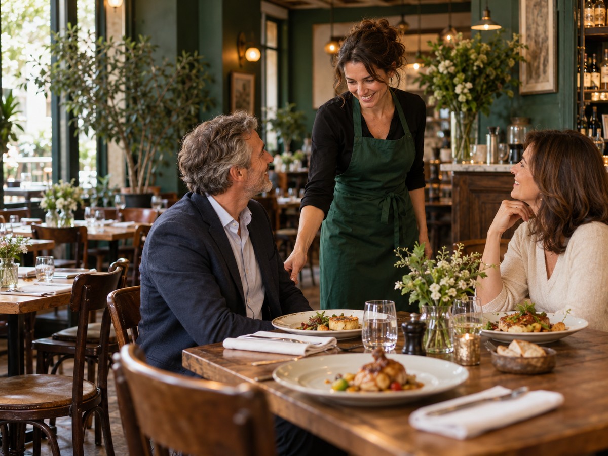 Une restauratrice accueille des clients dans un bistrot convivial